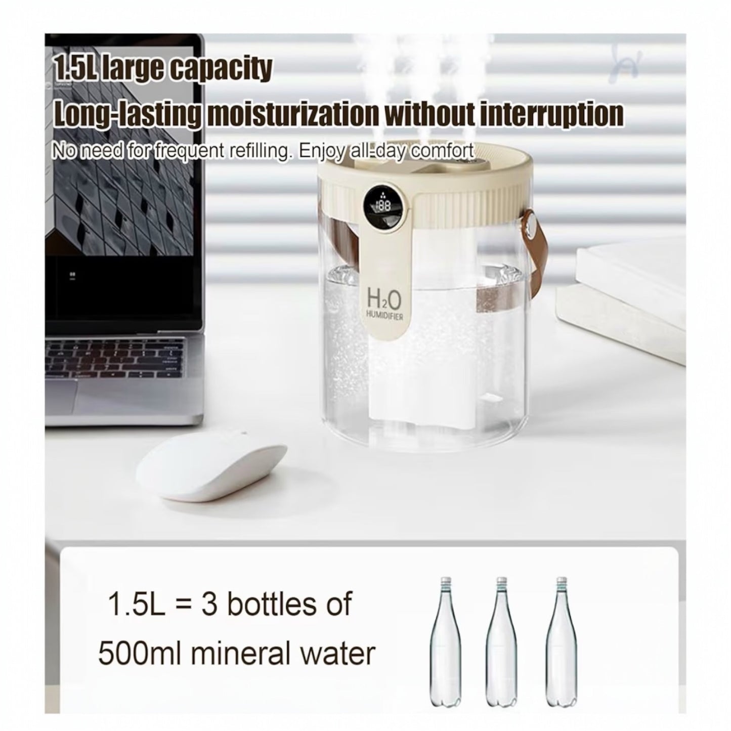 Portable Humidifier,Cool Mist Humidifier | Quiet Wireless Diffuser with 1.5L Water Tank for Apartment Dorm Indoor Desk Travel Household Plants