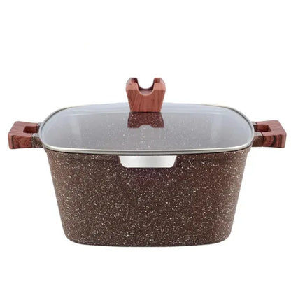 New Style 10 Pcs Square Stock Pot Nonstick Die-Cast Aluminum Cookware Set Granite Gumwood Silicone Lid Heat Resistant Handle