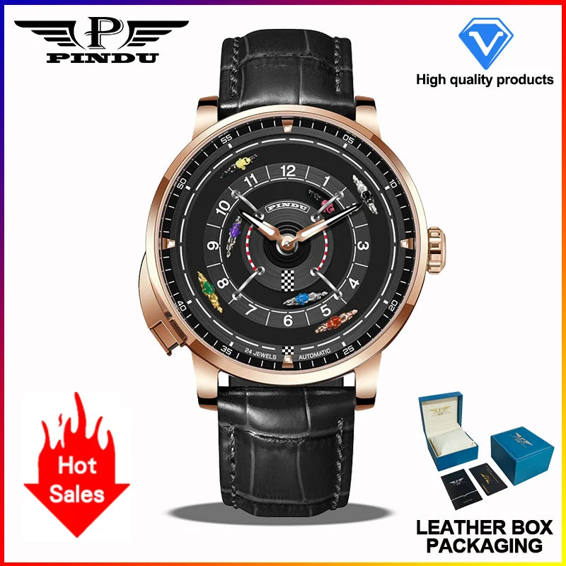 PINDU New Horse Racing Series Men Mechanical Watch NH35 Movement Horse Racing Wheel Game Design Sapphire 50M Waterproof Watch