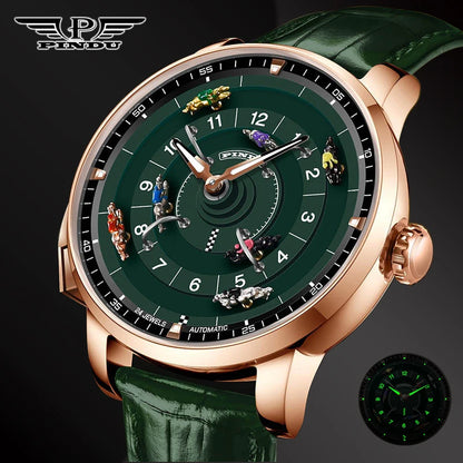 PINDU New Horse Racing Series Men Mechanical Watch NH35 Movement Horse Racing Wheel Game Design Sapphire 50M Waterproof Watch