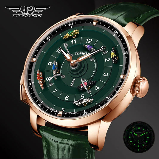PINDU New Horse Racing Series Men Mechanical Watch NH35 Movement Horse Racing Wheel Game Design Sapphire 50M Waterproof Watch