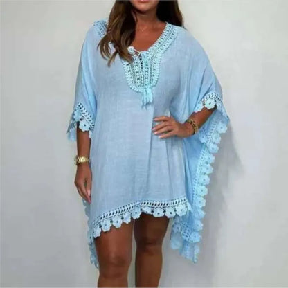 Summer Fashion Women'S Beach Dress New Sexy Boho Bat Sleeve V-Neck Hollow Edge Casual Holiday Shirt Skirt Women Vestidos 2025