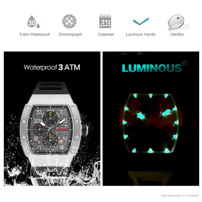 316 Stainless Steel Quartz Watch for Men Fashion Waterproof Luminous Chronograph Wristwatch with Auto Date Silicone Strap
