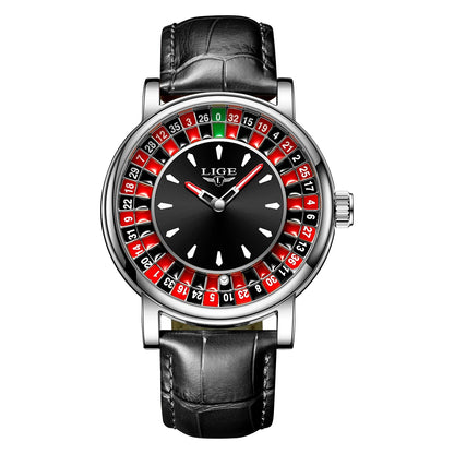 Quartz Man Watch Fashion Luxury Creative Roulette Game Dial Design Leather Casual Life Waterproof Watches for Men Gifts+Box