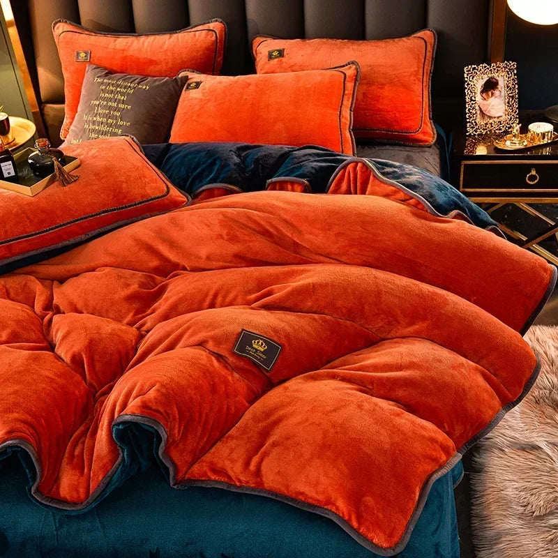 Luxury Milk Fleece Supper Ultra-Thick Bedding Set Queen Size High End Warm Winter Duvet Cover Set Warmth Comforter Bedding Sets