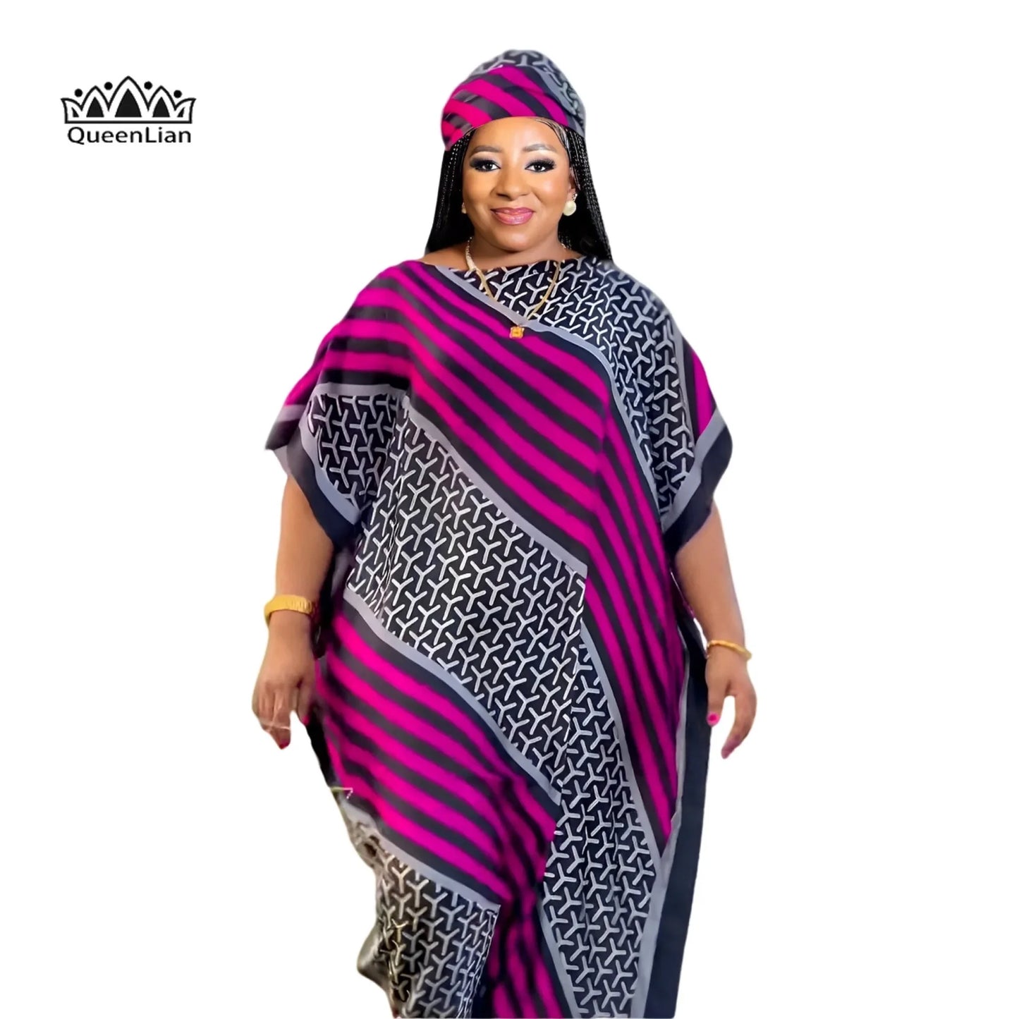 New Style Fashion Oversize African Women Clothing Dubai Dashiki Abaya Free Size Print Design with Scarf Loose Long Dress