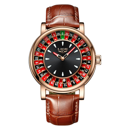 Quartz Man Watch Fashion Luxury Creative Roulette Game Dial Design Leather Casual Life Waterproof Watches for Men Gifts+Box