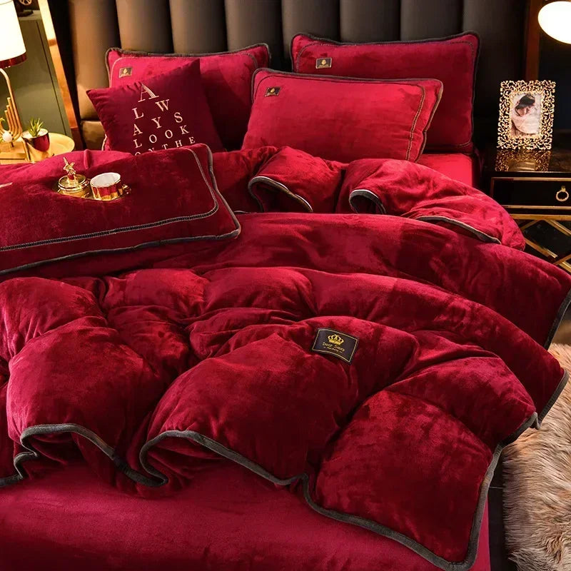Luxury Milk Fleece Supper Ultra-Thick Bedding Set Queen Size High End Warm Winter Duvet Cover Set Warmth Comforter Bedding Sets