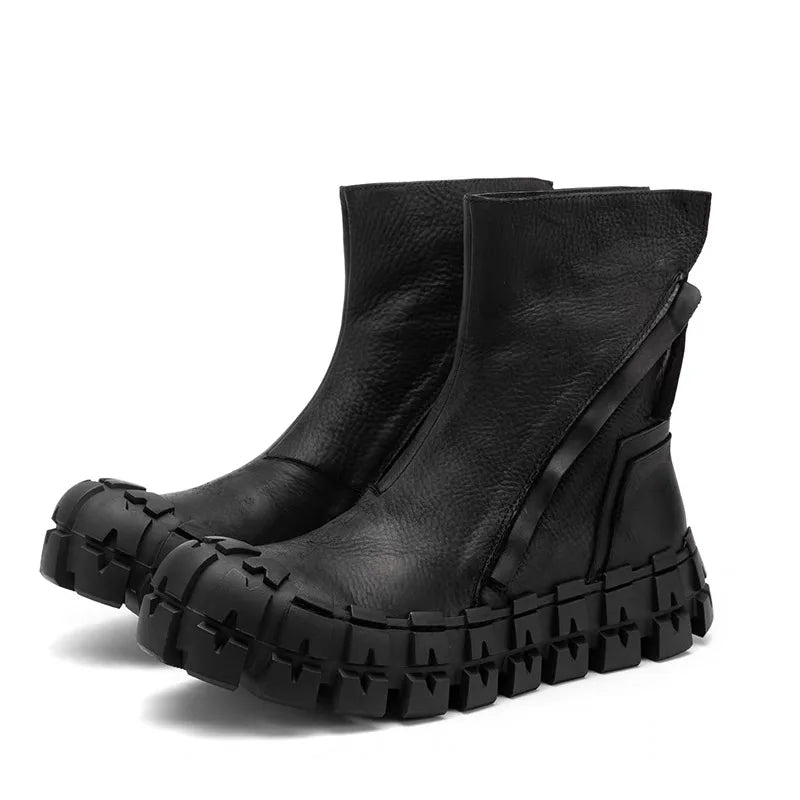 Spring Autumn New British Style Retro Chunky Gear Bottom Sewing Zipper Genuine Leather Men Mid-Calf Half Motorcycle Boots 2306