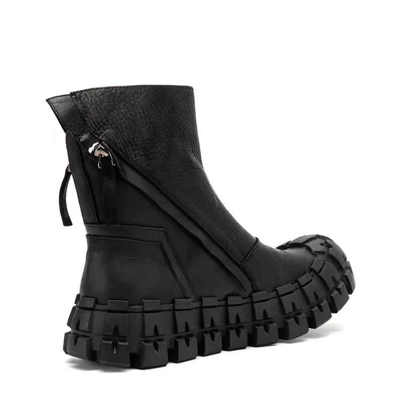 Spring Autumn New British Style Retro Chunky Gear Bottom Sewing Zipper Genuine Leather Men Mid-Calf Half Motorcycle Boots 2306