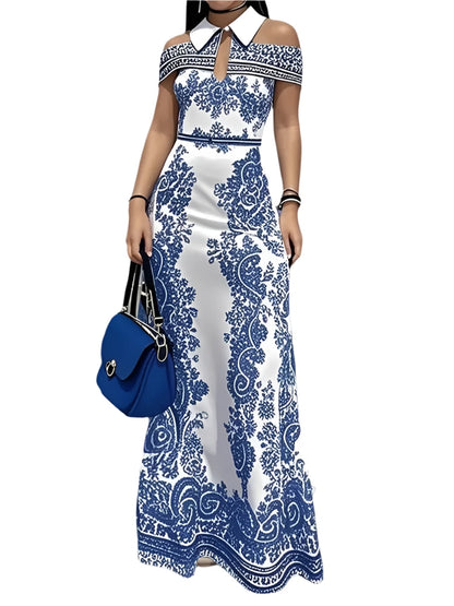 Freeacy Floral Printed Bodycon Dress for Women Cold Shoulder Lapel Collar High Waist A-Line Maxi Evening Dresses Party Gowns