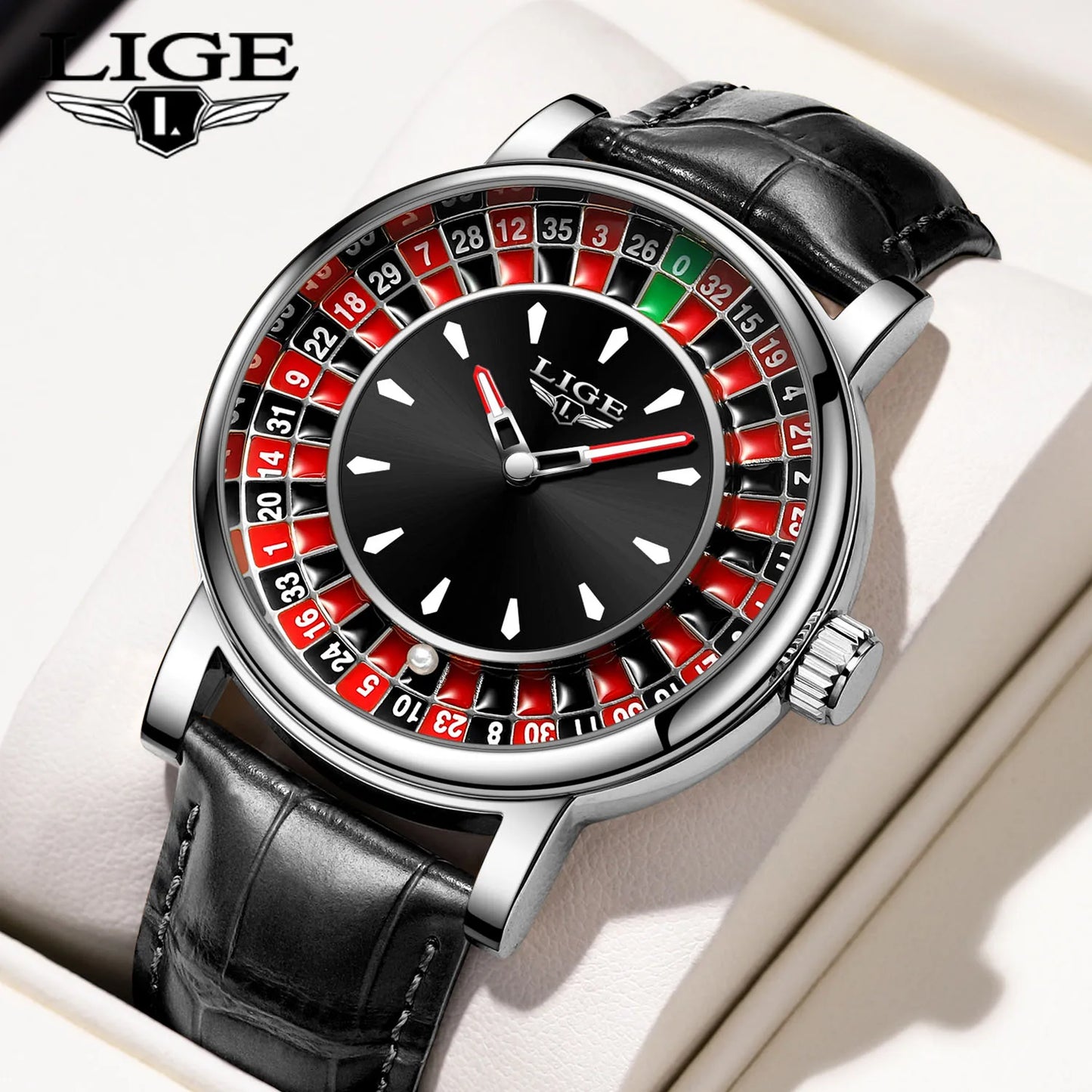 Quartz Man Watch Fashion Luxury Creative Roulette Game Dial Design Leather Casual Life Waterproof Watches for Men Gifts+Box