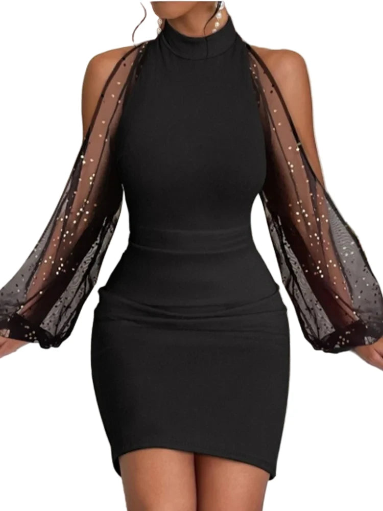 Round Neck Lace Lantern Long Sleeved Sequin Sexy Women'S Hip Hugging Skirt Date Party Fashionable Slim Autumn Dress