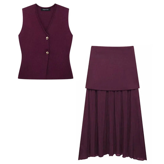 2025 Women Skirt Set Wine Red Knitted V-Neck Sleeveless Slim Vest +Solid High Waist Zipper Patchwork Long Skirt Street