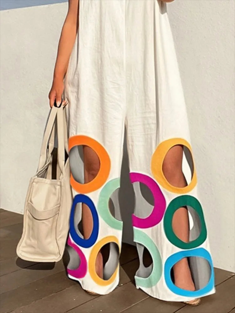 Yeezzi Women Fashion Rainbow Hollow Wide Leg Jumpsuits 2025 New Summer Sleeveless Loose Urban Office Overalls with Shoulder Pad