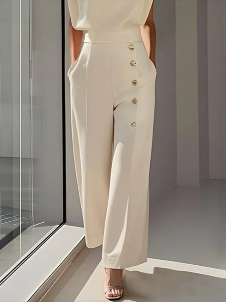 Freeacy Women Elegant Jumpsuit Solid White round Neck Cap Sleeves High Waist Wide Leg One-Piece Suit Side Buttoned Coveralls