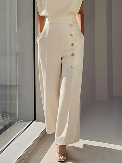 Freeacy Women Elegant Jumpsuit Solid White round Neck Cap Sleeves High Waist Wide Leg One-Piece Suit Side Buttoned Coveralls