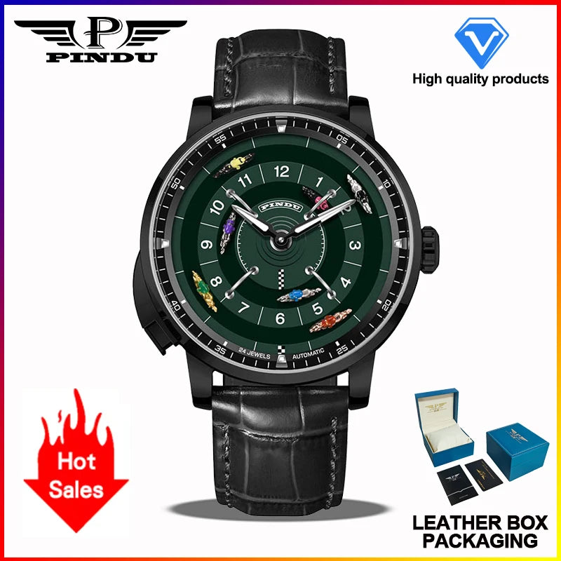 PINDU New Horse Racing Series Men Mechanical Watch NH35 Movement Horse Racing Wheel Game Design Sapphire 50M Waterproof Watch