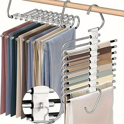 9-Layer Folding Polished Stainless Steel Pants Rack Storage Tool and Hook Multifunctional S-Shaped Closet Organizer