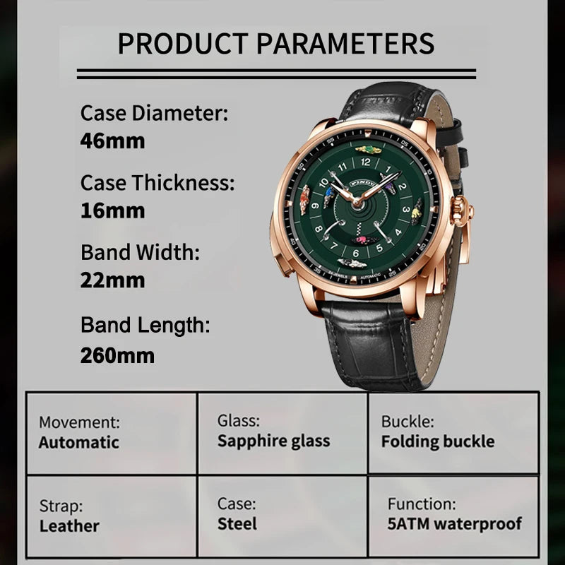 PINDU New Horse Racing Series Men Mechanical Watch NH35 Movement Horse Racing Wheel Game Design Sapphire 50M Waterproof Watch