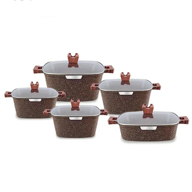 New Style 10 Pcs Square Stock Pot Nonstick Die-Cast Aluminum Cookware Set Granite Gumwood Silicone Lid Heat Resistant Handle