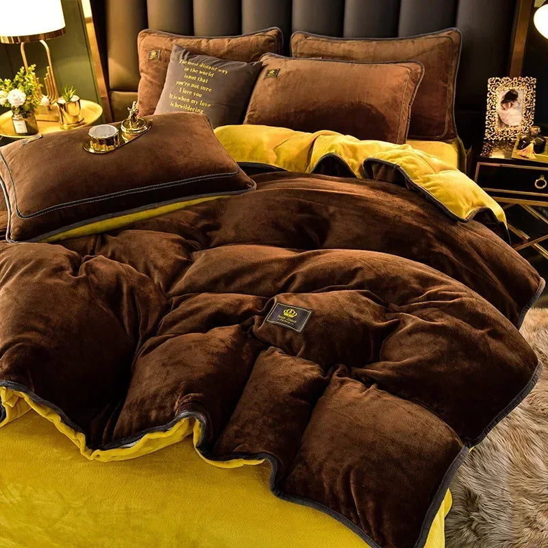 Luxury Milk Fleece Supper Ultra-Thick Bedding Set Queen Size High End Warm Winter Duvet Cover Set Warmth Comforter Bedding Sets