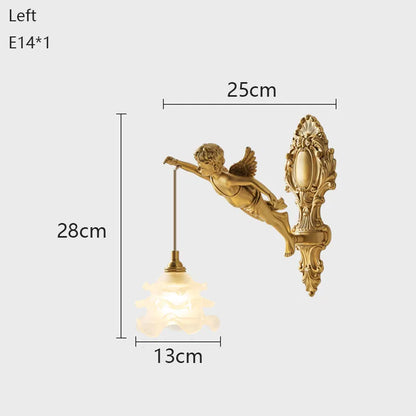 French Vintage Style Copper Angel Pendant-Shaped Crystal Wall Lamp, for Bedroom Bedside and Balcony Area