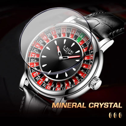 Quartz Man Watch Fashion Luxury Creative Roulette Game Dial Design Leather Casual Life Waterproof Watches for Men Gifts+Box