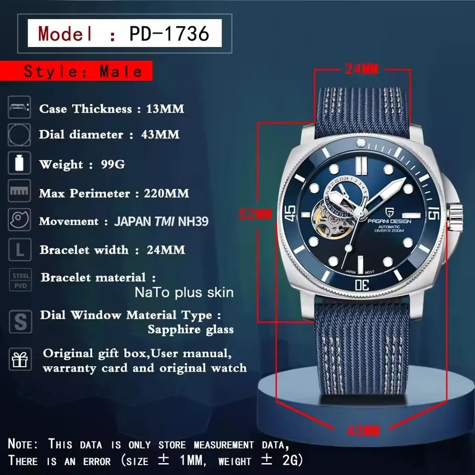 2024 Original 43MM Men'S Automatic Mechanical Watch NH39 200M Waterproof AR Sapphire Mirror Watches for Men ﻿