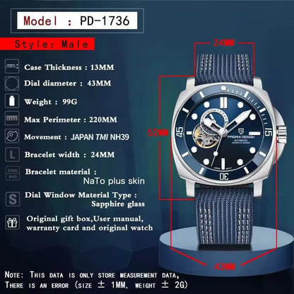 2024 Original 43MM Men'S Automatic Mechanical Watch NH39 200M Waterproof AR Sapphire Mirror Watches for Men ﻿