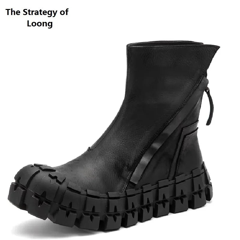 Spring Autumn New British Style Retro Chunky Gear Bottom Sewing Zipper Genuine Leather Men Mid-Calf Half Motorcycle Boots 2306