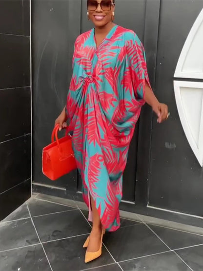 HBLL plus Women'S Printed Wide Satin Loose Short Bat-Wing Sleeve Dress Fashion Casual Large Loose Long Street Commuter Dress
