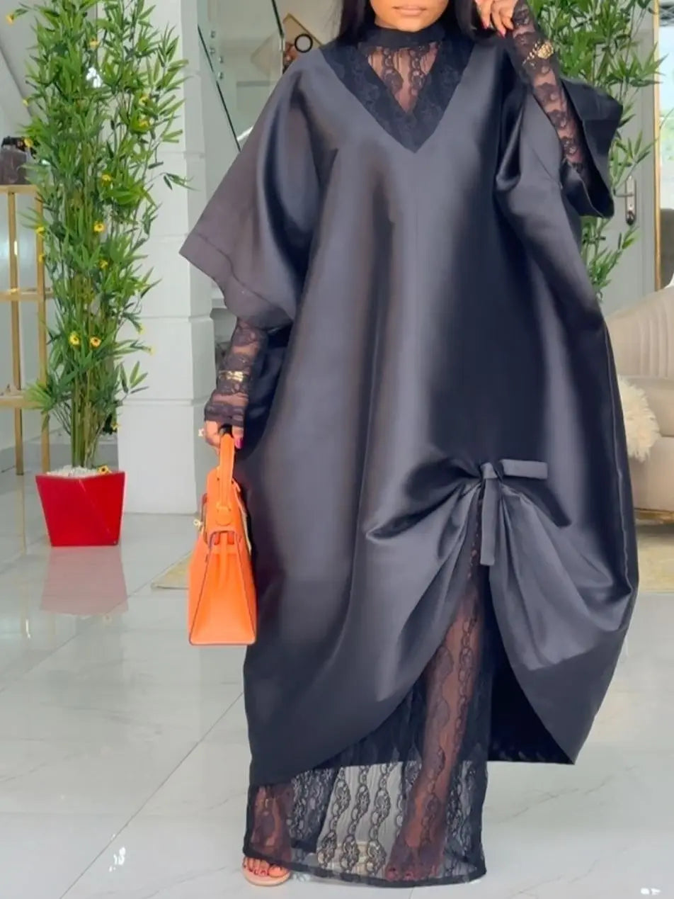 African Dresses Elegant Shiny Bubu Dresses Women Two Pieces Set Lace inside Dress Traditional Africa Clothing Long Loose Dashiki