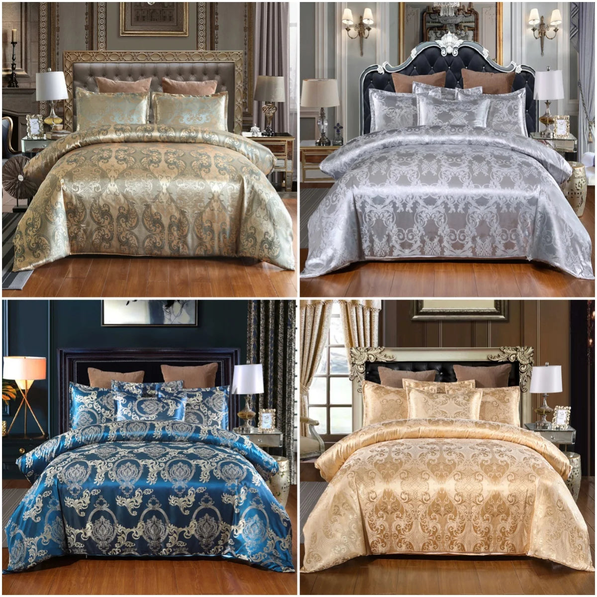 Satin Duvet Cover Size, Floral Jacquard Satin Duvet Cover Set 3 Piece Luxury Silk like Bedding Comforter Cover Set