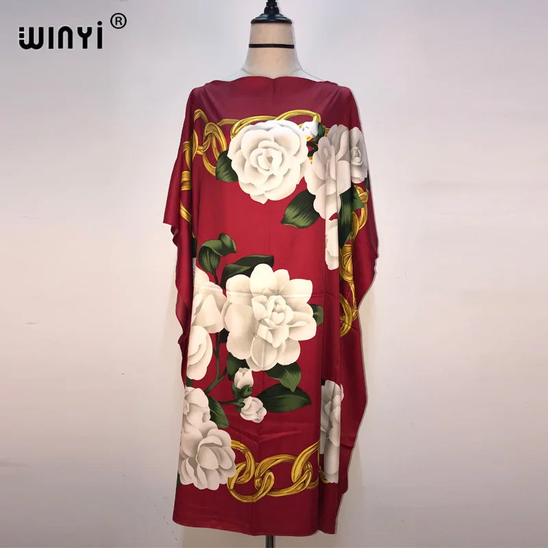 Africa Fashion Blogger Recommend Popular Printed Silk Kaftan Maxi Dresses Loose Summer Beach Bohemian Kaftan Long Dress for Lady