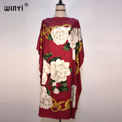 Africa Fashion Blogger Recommend Popular Printed Silk Kaftan Maxi Dresses Loose Summer Beach Bohemian Kaftan Long Dress for Lady