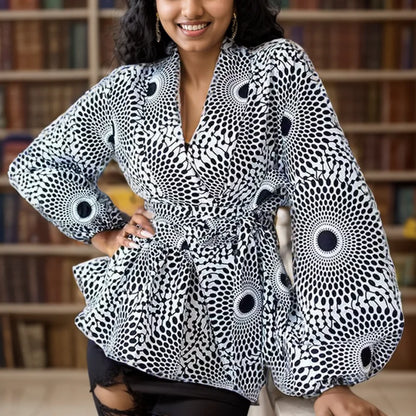 African Clothes for Women 2024 Summer African Women V-Neck Polyester Printing Long Sleeve T-Shirt Women Top African Clothing
