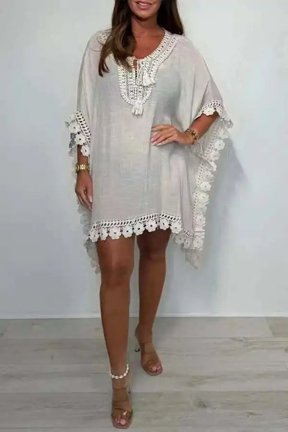 Summer Fashion Women'S Beach Dress New Sexy Boho Bat Sleeve V-Neck Hollow Edge Casual Holiday Shirt Skirt Women Vestidos 2025