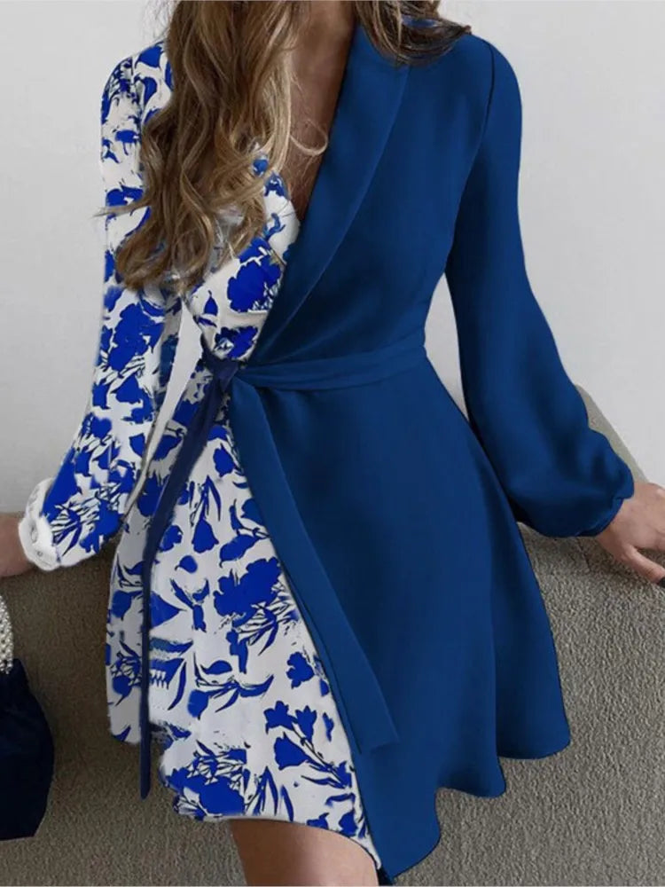 Women'S Autumn New Fashion V-Neck Long Sleeve High Waist One Piece Color Matching Lace up Irregular Dress