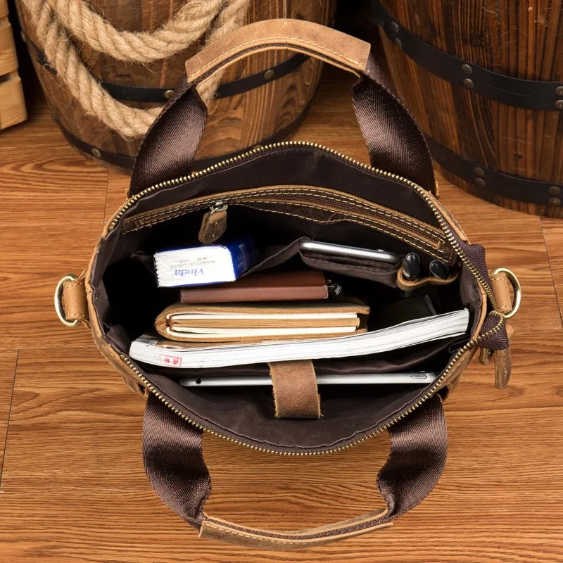 Leather Men'S Bag Crazy Horse Leather Retro Handbag Leather Crossbody Bag Handmade Shoulder Bag Computer Bag