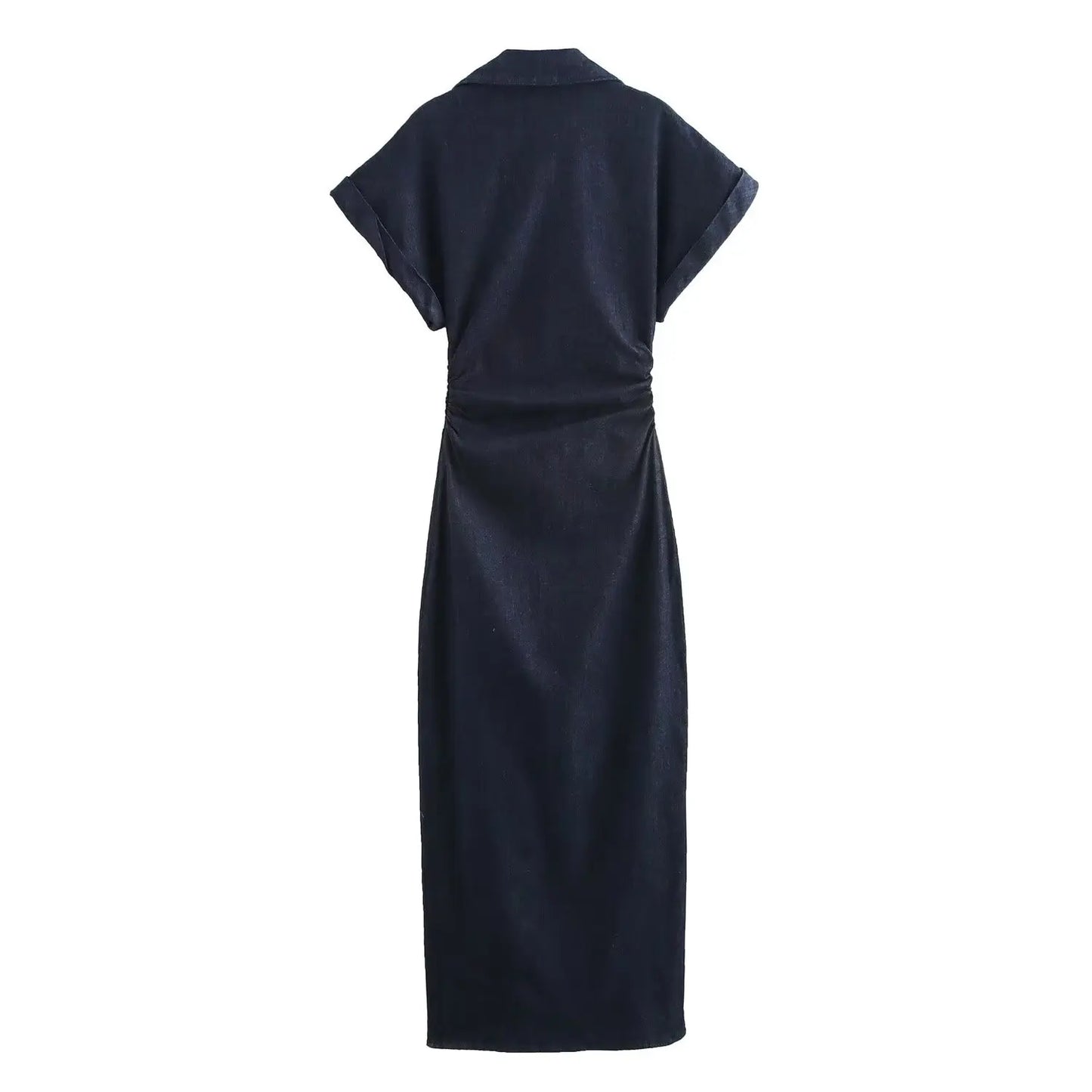 2025 Traf Spring New 1975 Series Denim MIDI Dress with Lapel Side Zipper Fashion Wrinkle Waist Slim Elegant Dress