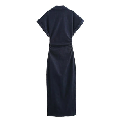 2025 Traf Spring New 1975 Series Denim MIDI Dress with Lapel Side Zipper Fashion Wrinkle Waist Slim Elegant Dress