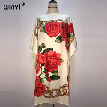 Africa Fashion Blogger Recommend Popular Printed Silk Kaftan Maxi Dresses Loose Summer Beach Bohemian Kaftan Long Dress for Lady