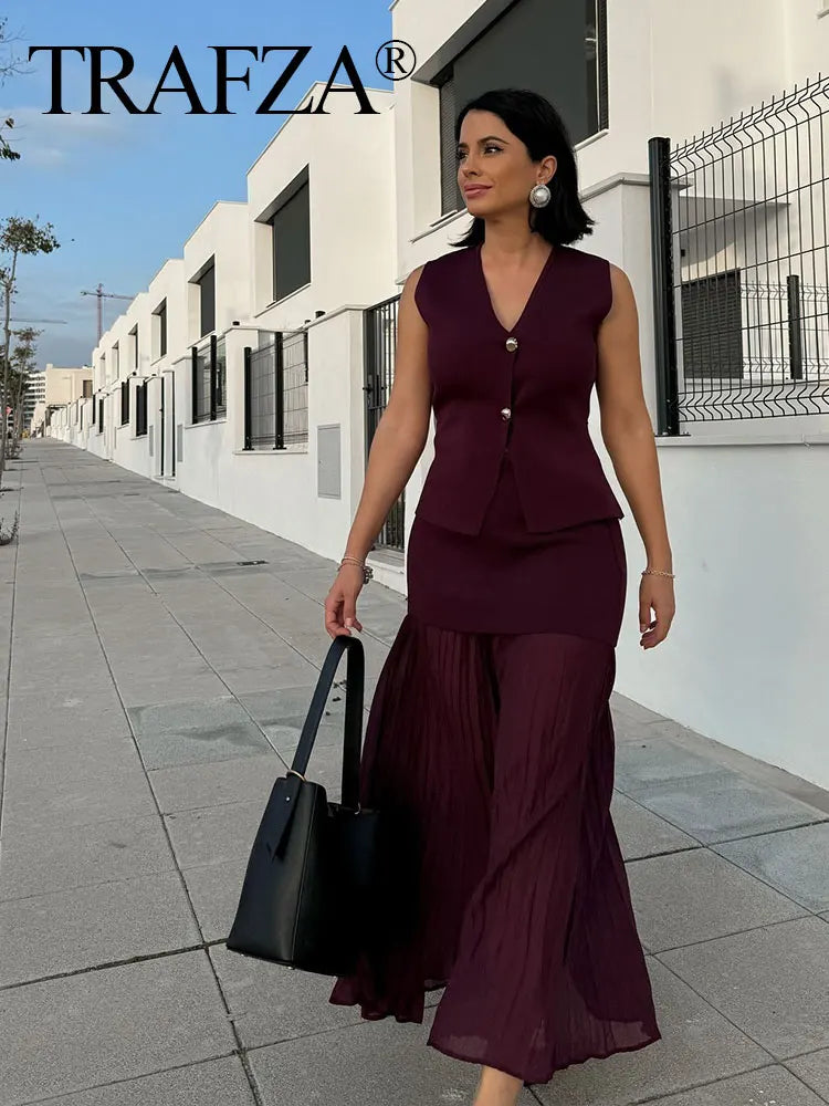 2025 Women Skirt Set Wine Red Knitted V-Neck Sleeveless Slim Vest +Solid High Waist Zipper Patchwork Long Skirt Street