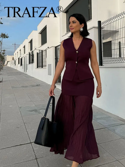 2025 Women Skirt Set Wine Red Knitted V-Neck Sleeveless Slim Vest +Solid High Waist Zipper Patchwork Long Skirt Street