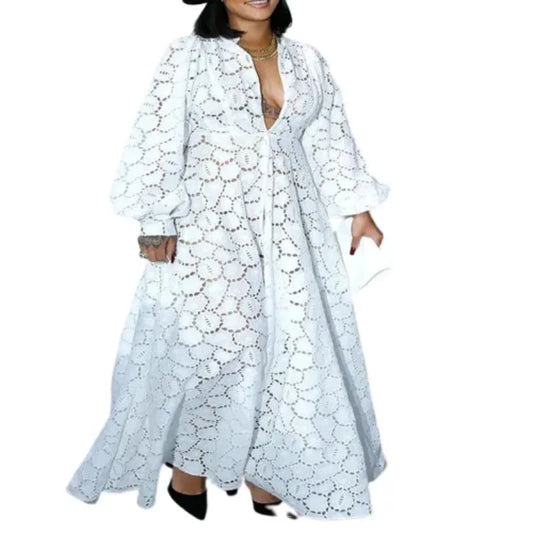 Elegant White Long Dresses Women Loose Casual Fashion Hollow Out Long Sleeve Large Size Boho Maxi Dress Holiday Vacation Outfits