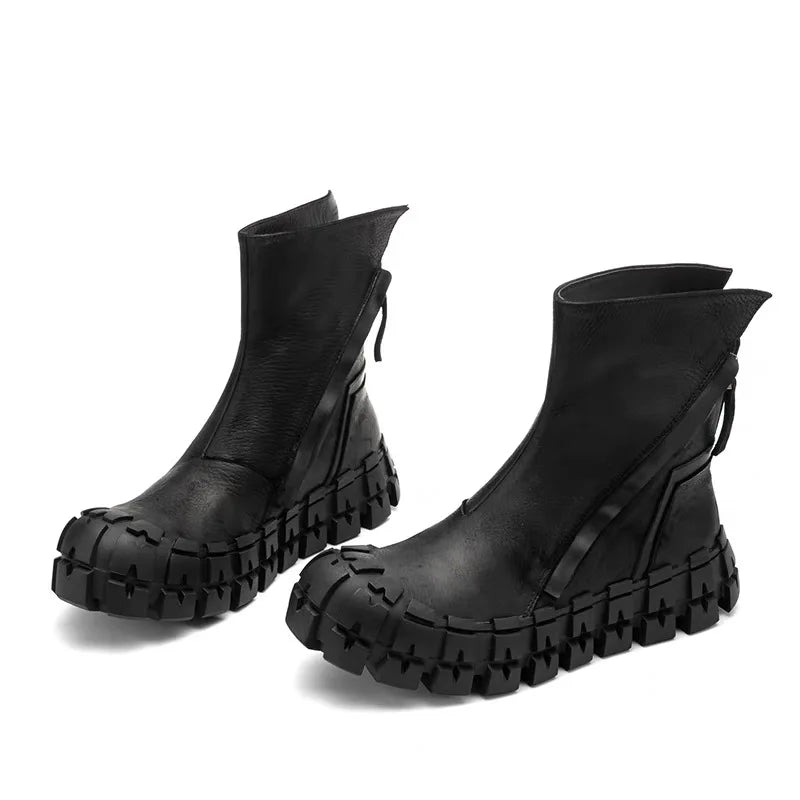 Spring Autumn New British Style Retro Chunky Gear Bottom Sewing Zipper Genuine Leather Men Mid-Calf Half Motorcycle Boots 2306