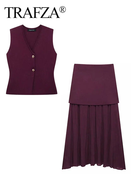 2025 Women Skirt Set Wine Red Knitted V-Neck Sleeveless Slim Vest +Solid High Waist Zipper Patchwork Long Skirt Street