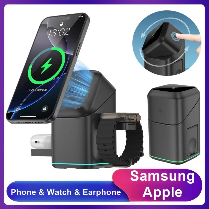 3 in 1 Wireless Charger - Electric Rotating Magnetic Charging Station for Iphone 16/15/14 Pro Max/Samsung, Phone Watch Earbuds