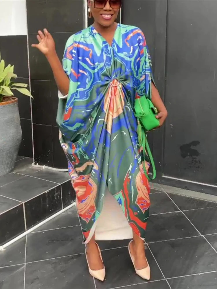 HBLL plus Women'S Printed Wide Satin Loose Short Bat-Wing Sleeve Dress Fashion Casual Large Loose Long Street Commuter Dress